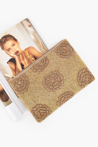 Floral Pattern Bead Front Zip Top Clutch (Gold)