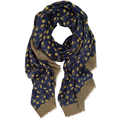 Navy blue scarf with yellow daisies and khaki border.