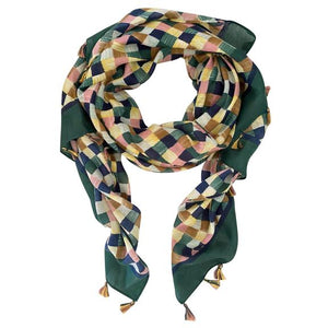 Forest Green Scarf, navy, lemon yellow and latte gingham print with multicoloured tassel