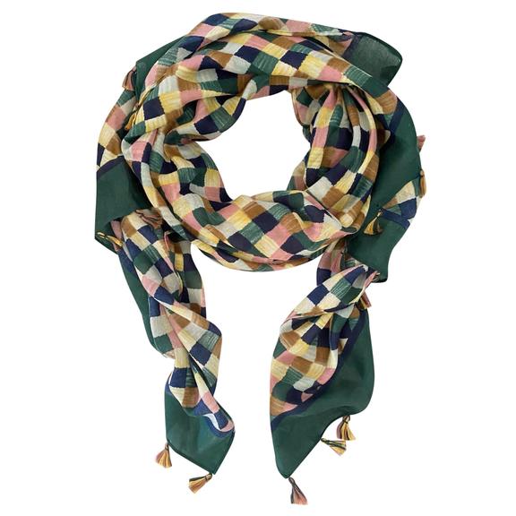 Forest Green Scarf, navy, lemon yellow and latte gingham print with multicoloured tassel